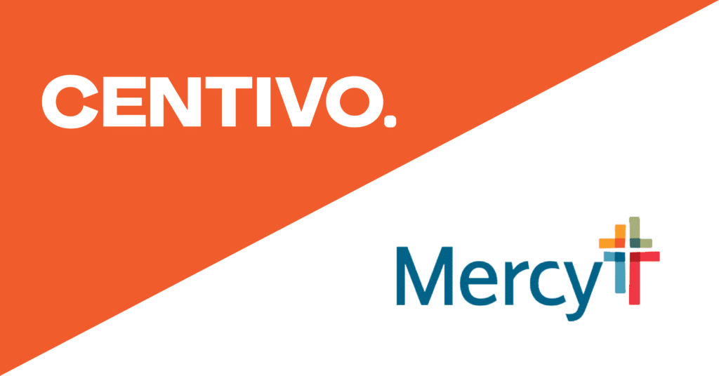 white and orange split screen with logos for mercy health and centivo